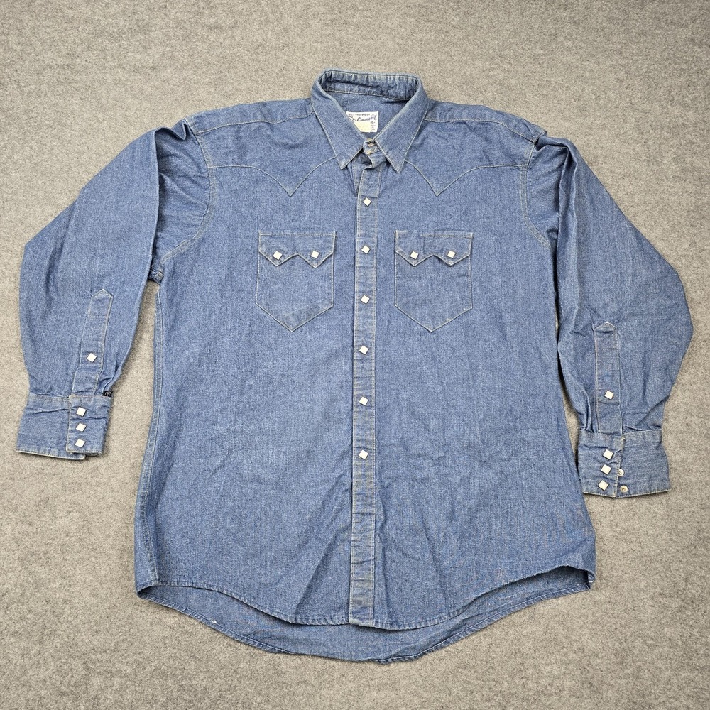 Vintage Rockmount Ranch Wear Shirt Mens Large Blue Denim Snap Western Cowboy